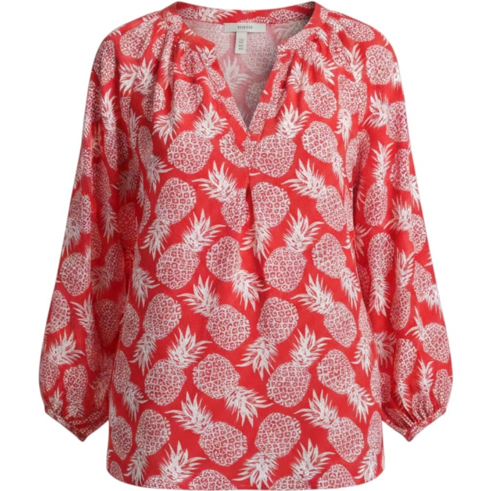 Crown & Ivy Curvy Women 2X Red Pineapple Print Split Neck Blouse Top Rayon